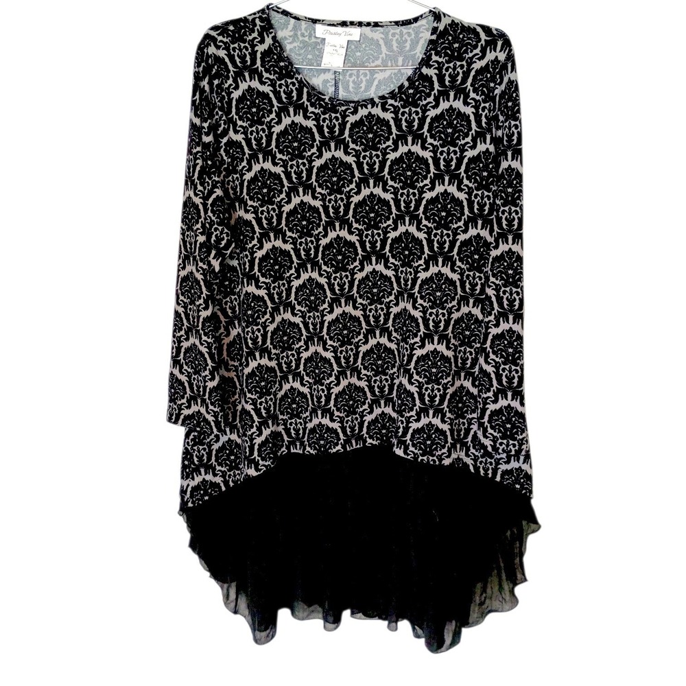 Paisley Vine Womens Damask Print Ruffle Hem Tunic Top Black White Long Sleeve XL